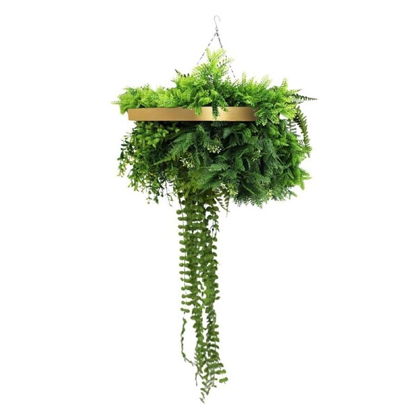 Gold Artificial Hanging Plant Disc Chandelier with Trailing Foliage & Pearls — 40cm UV Resistant