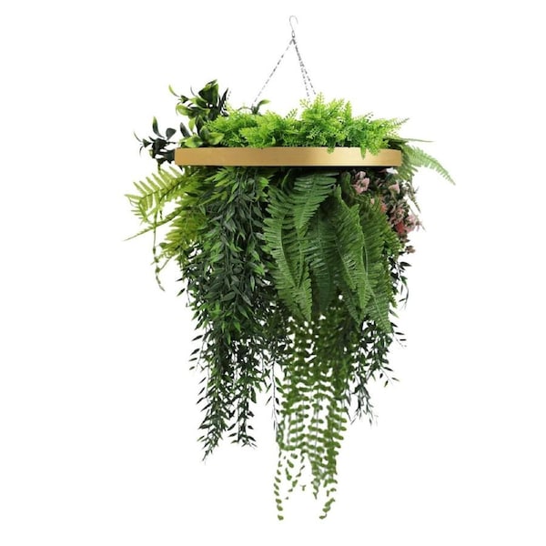 Gold Artificial Hanging Plant Disc Chandelier with Trailing Foliage - 40cm UV Resistant