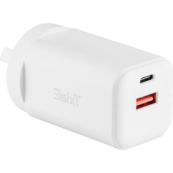 3sixT Wall Charger Adapter GaN 45W USB-C PD/USB A For Smartphone/Laptop WHT