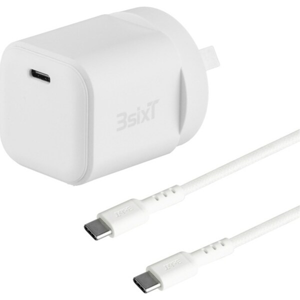 3sixT Wall Charger Adapter GaN 20W USB-C PD w/ Type-C Charging Cable White