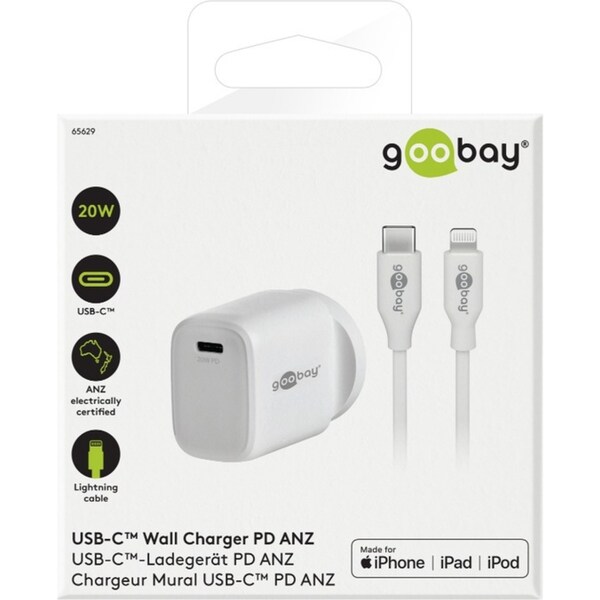 Goobay Wall Charger Plug ANZ 20W USB-C PD w/ Type-C to 8-Pin Cable White