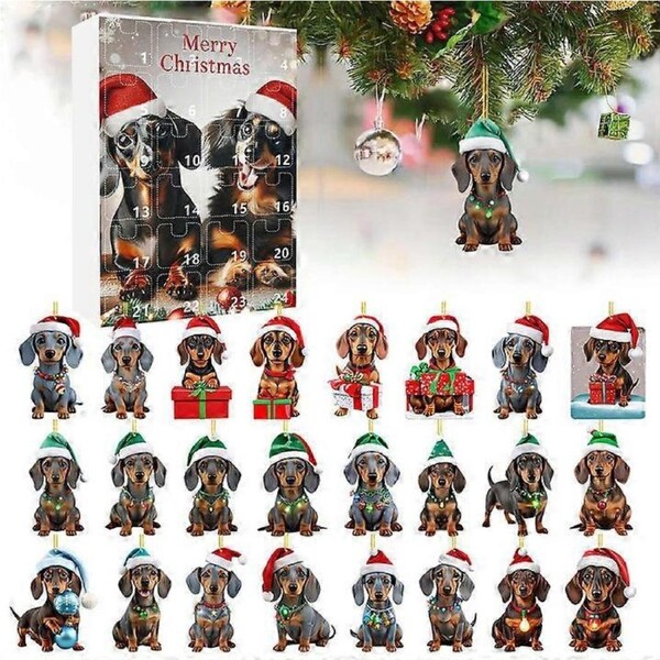 Advent Calendar 2024 2024 Festival Vacation Advent Calendar 24 Day Christmas Countdown Calendar Dachshund Pendant With Santa Hats 2D Xmas Tree Chicken
