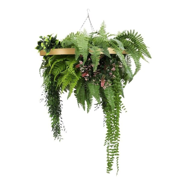 Gold Hanging Disc Green Wall Chandelier with Lifelike Trailing Foliage — 60cm UV Resistant