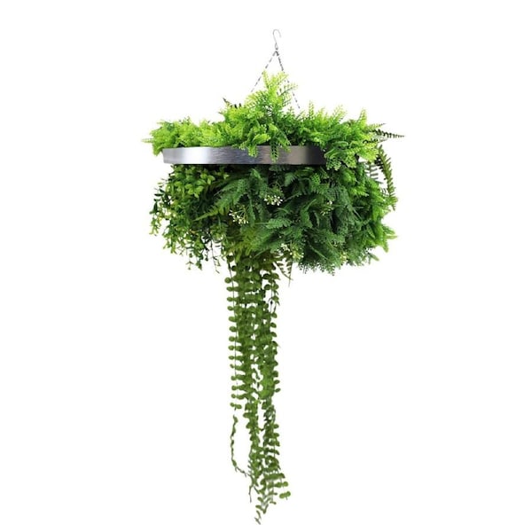 Silver Hanging Disc Green Wall Chandelier with Lifelike Trailing Foliage — 40cm UV Resistant