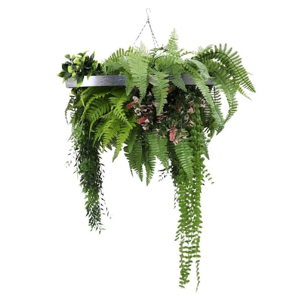 Silver Hanging Disc Green Wall Chandelier with Lifelike Trailing Foliage — 60cm UV Resistant