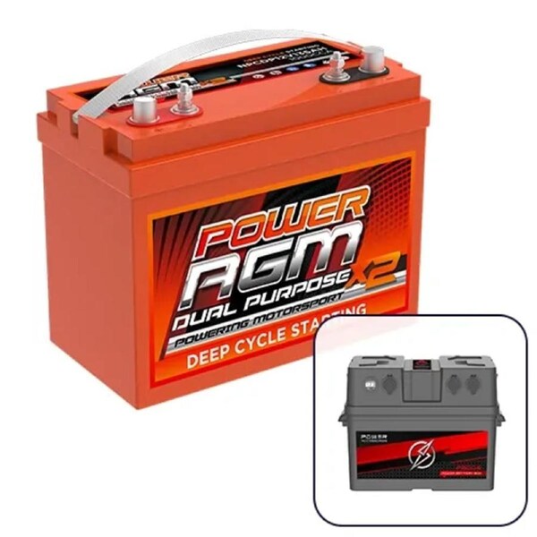 Power AGM 12V 135Ah Dual Purpose Battery Bundle with Portable Multi-Function Battery Box with LED light