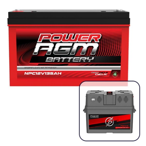 Power AGM 12V 135Ah Deep Cycle Battery Bundle with Portable Multi-Function Battery Box with LED light