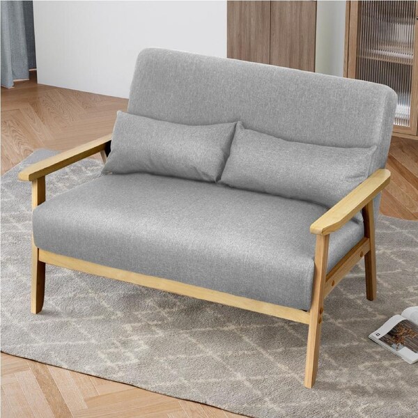 ALFORDSON 2 Seater Wooden Armchair Sofa Fabric Seat Light Grey