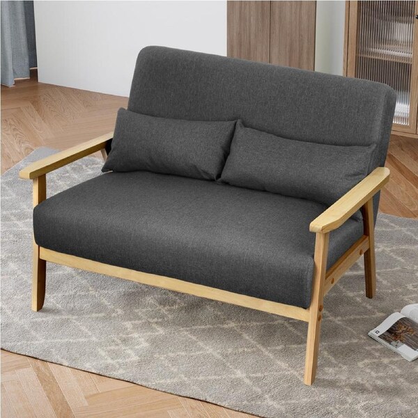 ALFORDSON Armchair 2 Seater Wooden Sofa Fabric Seat Grey