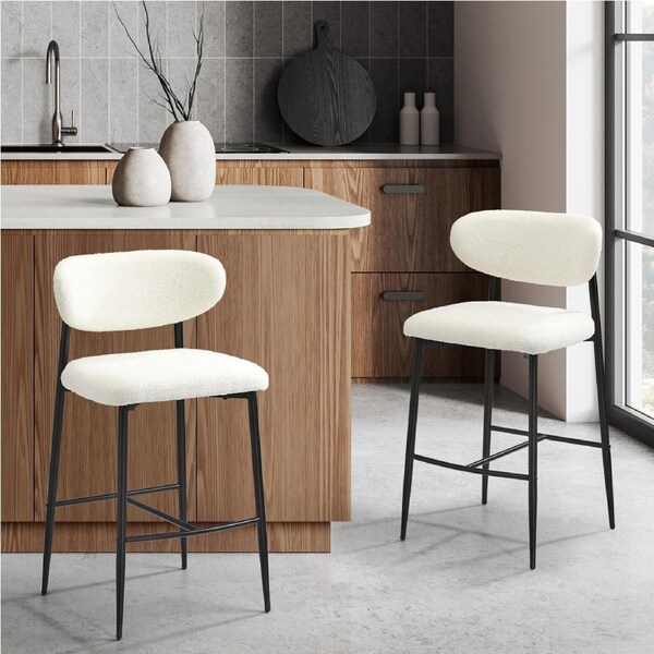 Oikiture 2x Bar Stools Kitchen Stool Boucle Fabric Counter Chair Black