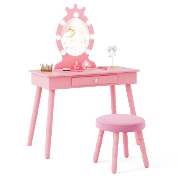 Giantex Vanity Set Makeup Dressing Table w/3-Color LED Lighted Mirror & Stool Pink