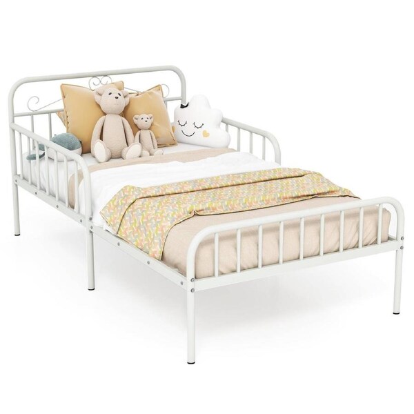 Giantex Single Size Bed Frame Metal Bed Platform w/Side Guardrails Mattress Foundation White