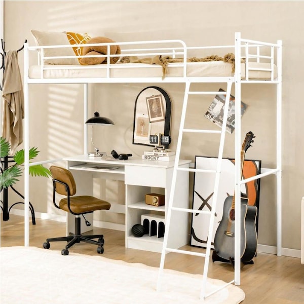 Giantex Single Size Bed Frame Heavy-duty Metal Loft Bed Frame for Teen & Adult White