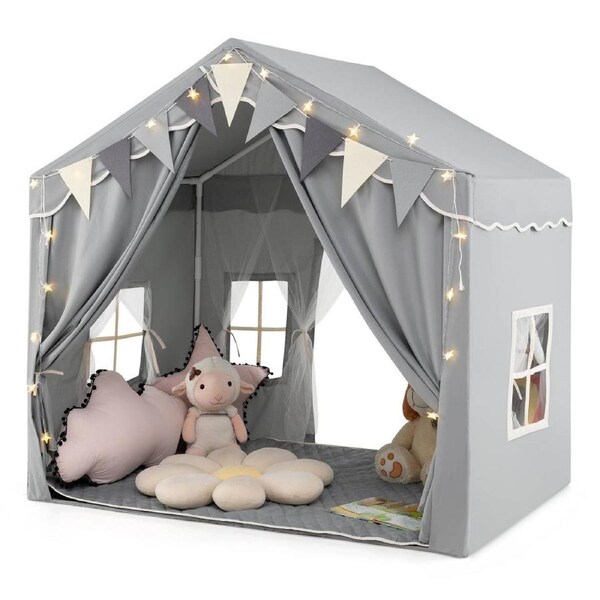 Costway Skin-Friendly Large Play Tent House w/2 Opening Doors & Star Lights Grey
