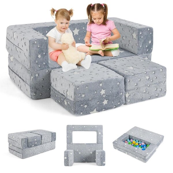 Costway Macaron Color Double Seater Luminous Foldable Sofa w/Removable & Machine Washable Flannel Cover Grey