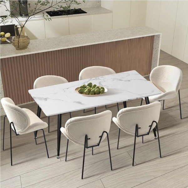 Oikiture 120cm Rectangle Dining Table with 6PCS Dining Chairs Sherpa White