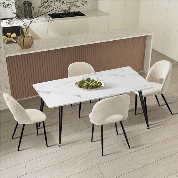 Oikiture 120cm Rectangle Dining Table with 4PCS Dining Chairs Sherpa White
