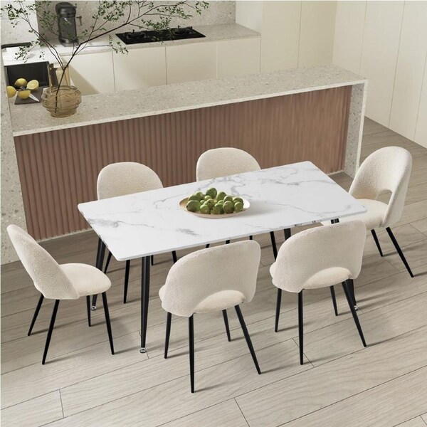 Oikiture 120cm Rectangle Dining Table with 6PCS Dining Chairs Sherpa White