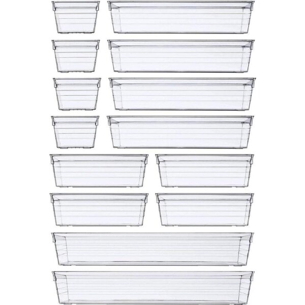 14 PCS Clear Plastic Drawer Organizer Tray for Makeup, Kitchen Utensils, Jewelries and Gadgets