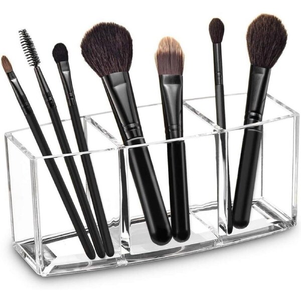 Acrylic Makeup Brush Organizer Holder Clear Cosmetic Brushes Storage with 3 Slots