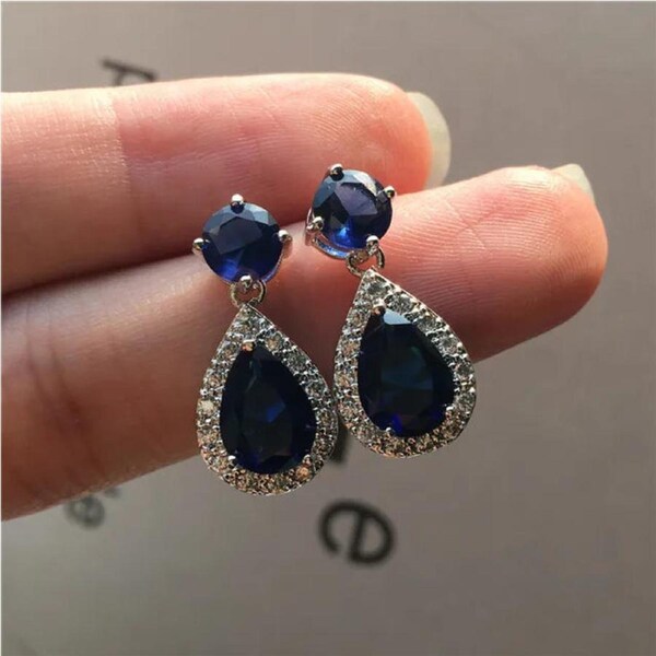 Designer Simulated Diamond Blue / Navy Teardrop Earrings