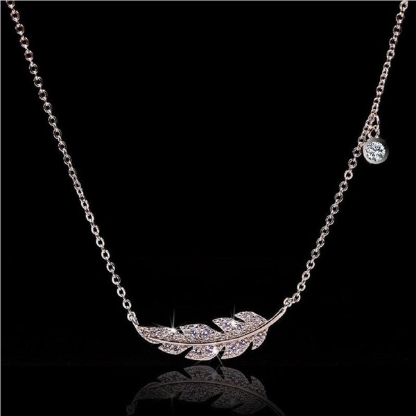 Designer Stainless Steel Simulated Diamond Feather Necklace in Silver