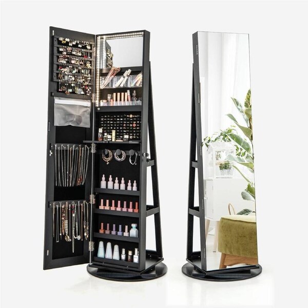Giantex 360° Swivel Mirror Jewelry Cabinet Lockable Storage Organizer Black
