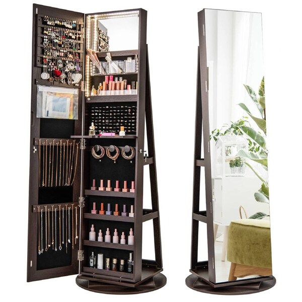 Giantex 360° Swivel Mirror Jewelry Cabinet Lockable Storage Organizer Dark Brown