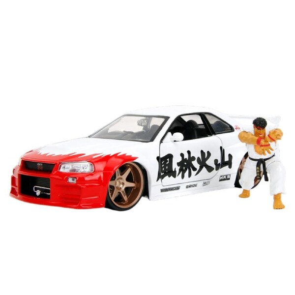 Jada 1:24 Scale Street Fighter 2002 Nissan Skyline GTR R34 With Ryu Figure Model