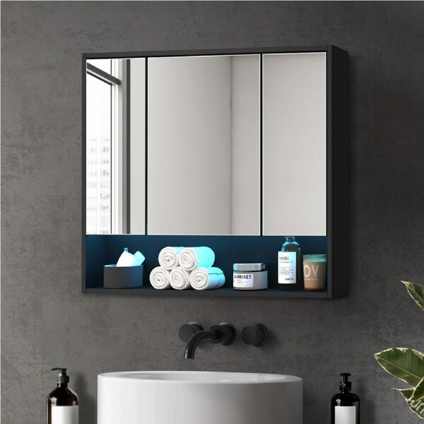 Welba Bathroom Mirror Cabinet LED Medicine Shaving Wall Storage 900x750mm Black