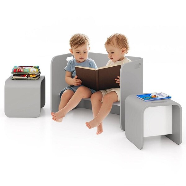 Babyjoy 3PCS Kids Table & Chair Set Birch Furniture Set Natural Learning Desk Activity Center Grey