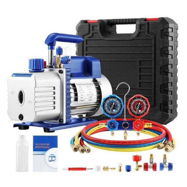 4CFM Vacuum Pump Set 1/3 HP 1 Stage Air Conditioning HVAC Refrigeration Auto AC Repair Tools Food Clothes Packaging R134A R410 Manifold Gauges