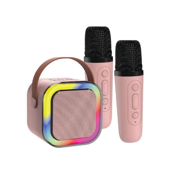 Laser Mini Karaoke Speaker with Bluetooth, 2 Wireless Microphones, Voice Effects - Portable Fun for Kids and Parties - Pink