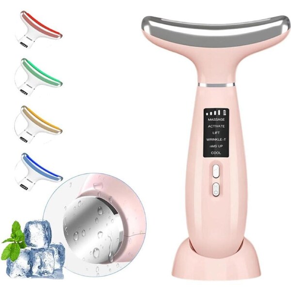 Beakey Facial Neck Massager Hot & Cold with 4 Color LED Therapy for Skin Care-Pink