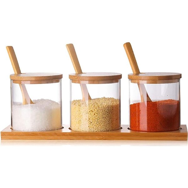 JOYBUY Condiment Container Seasoning Box Set Glass Condiment Canisters Pots With Bamboo Spoon Lid And Base