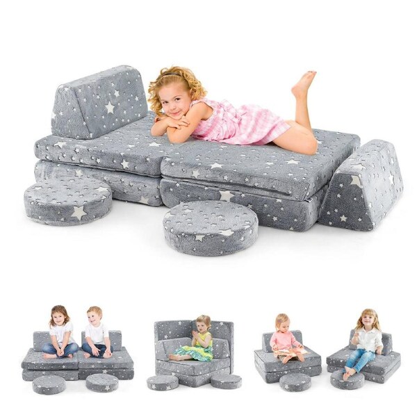 Giantex 6PCS Modular Kids Play Couch Set Glow In the Dark Fold Out Sofa Flannel Grey