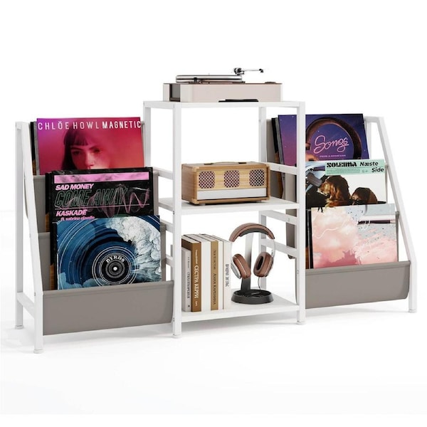 Giantex Vinyl Storage Record Player Stand w/6 Storage Pockets & Metal Frame White