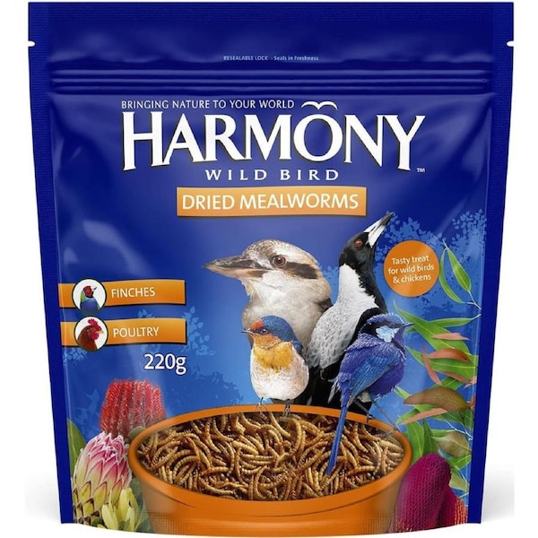 HARMONY Dried Mealworms, 220g – Wild Bird Food Ideal for Finches & Poultry – Bird Treat to Attract Wild Birds – Bird Feed to Supplement Regular Diet – Rich in Protein, Minerals & Fatty Acids