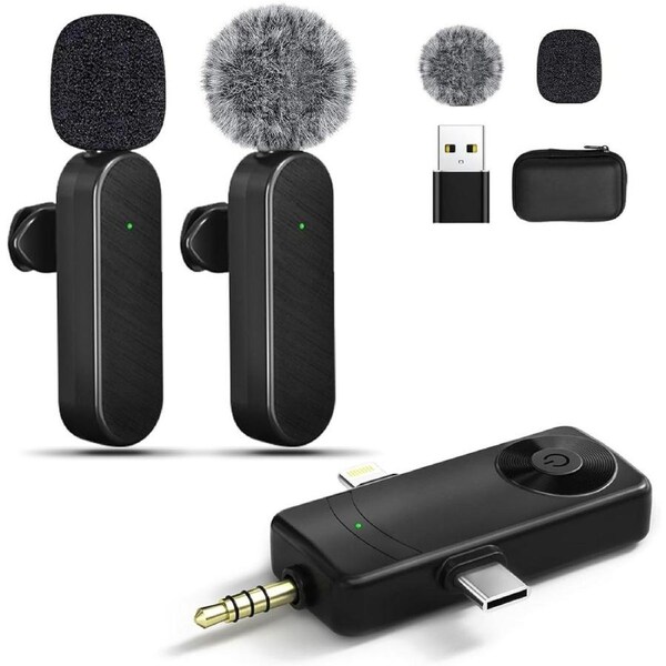 Ominoral Mini Microphone for iPhone Android Camera iPad USB-C, 4 in 1 Professional Wireless Lavalier Lapel Microphone for Recording, Live Stream, YouTube, Facebook, TikTok, Vlog (2 Pcs)