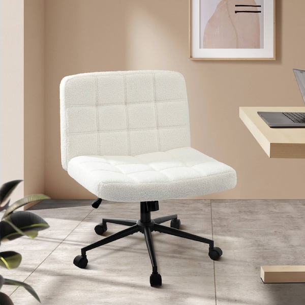 Oikiture Mid Back Armless Office Desk Chair Wide Seat Boucle White with Wheels