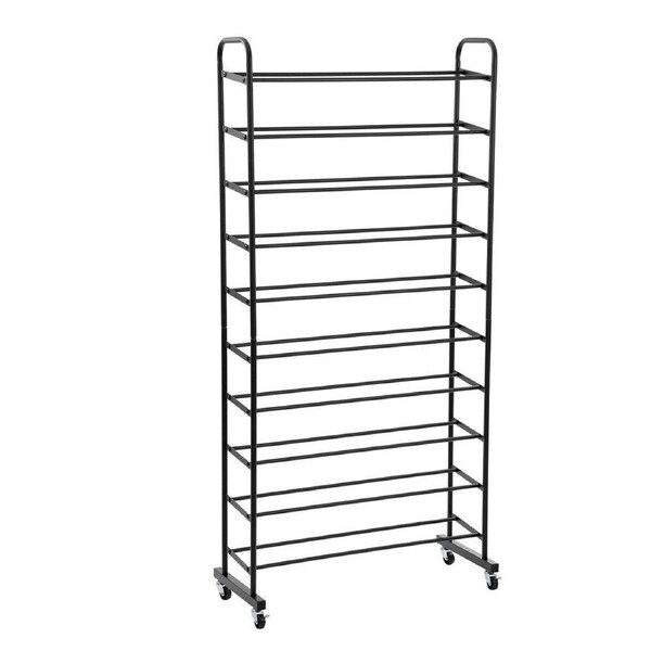 Boxsweden Metal 10-Tier Shoe Rack Organiser Storage w/ Wheels 76x160cm Black