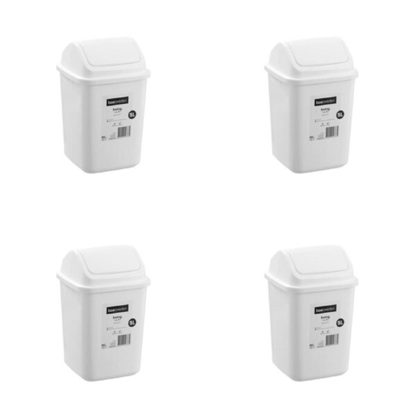 4x Boxsweden 5L/28cm Swing Top Bin Trash Garbage/Waste Storage Container White
