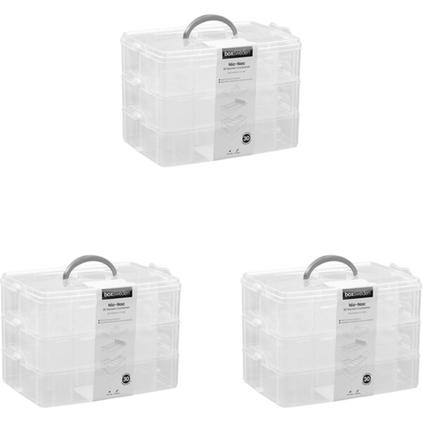 3x Boxsweden Nic-Nac 3-Tier Box 30-Compartment Container Storage 25x18.5cm Clear