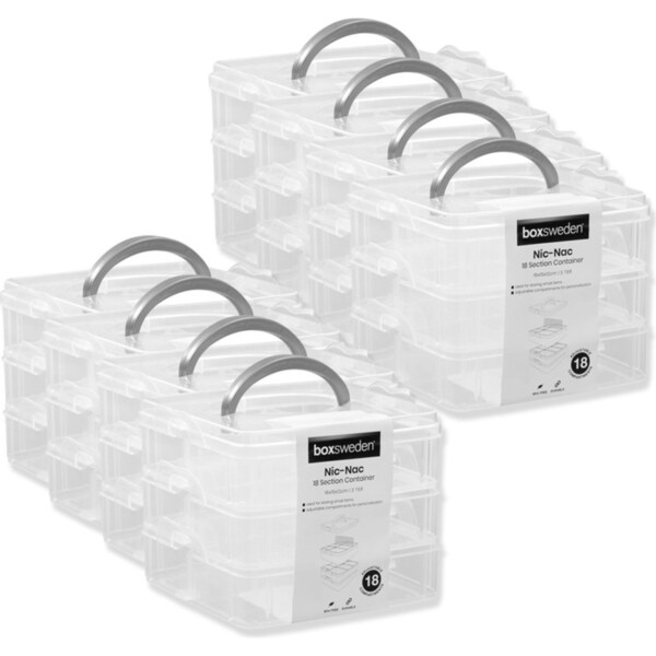 8x Boxsweden Nic-Nac 3-Tier Box 18-Compartment Container Storage 16x15cm Clear