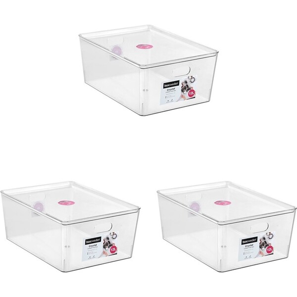 3x Boxsweden Crystal Tidy Box Container Storage Organiser w/ Lid 12L/35cm Clear