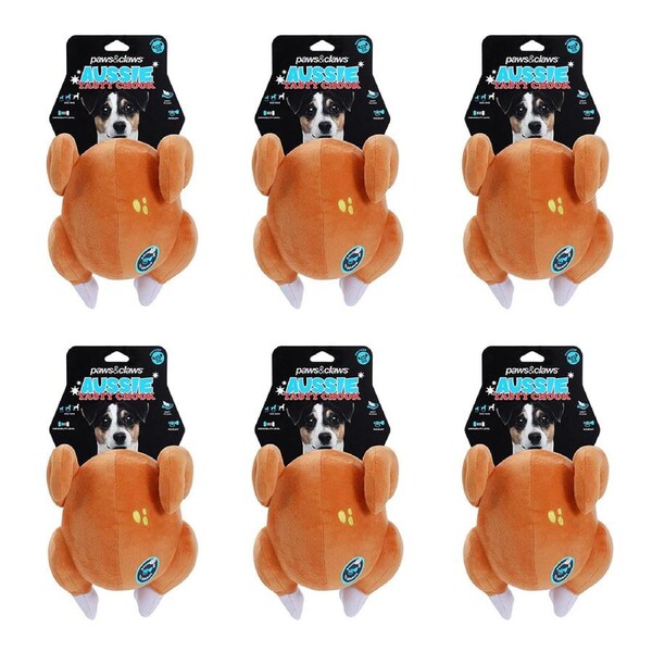 6x Pawsnclaws 24cm Aussie Legends Roast Chook w/ Squeaker Dog/Pet Toy Brown