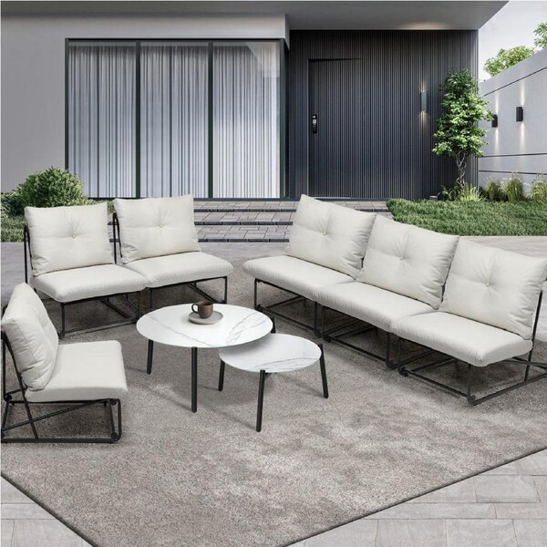 Livsip Outdoor Furniture Sofa Set 8 PCS Patio Lounge Setting Table Chairs Beige