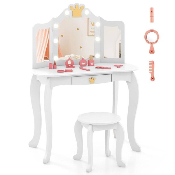 Babyjoy Kids Vanity Set Princess Dressing Table & Stool w/Tri-folding Mirror Wooden Makeup Table White