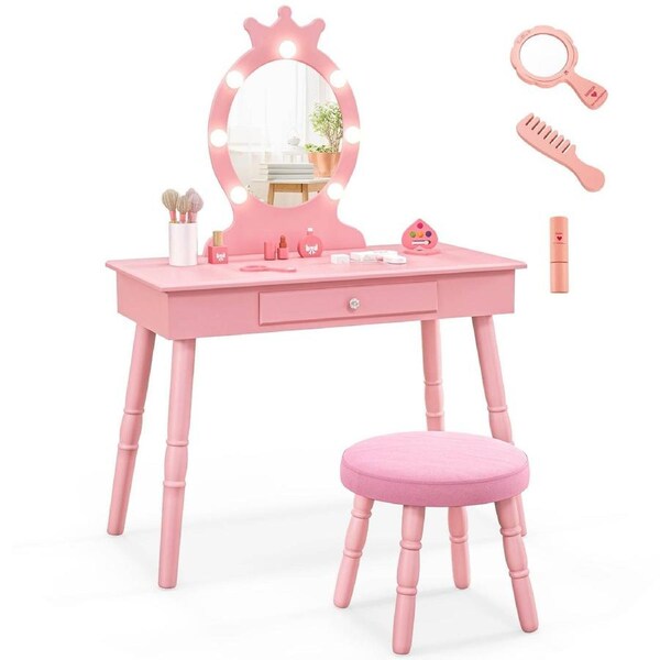 Babyjoy Kids Vanity Table & Stool Princess Makeup Dressing Table w/LED Lighted Mirror Wooden Study Desk Pink