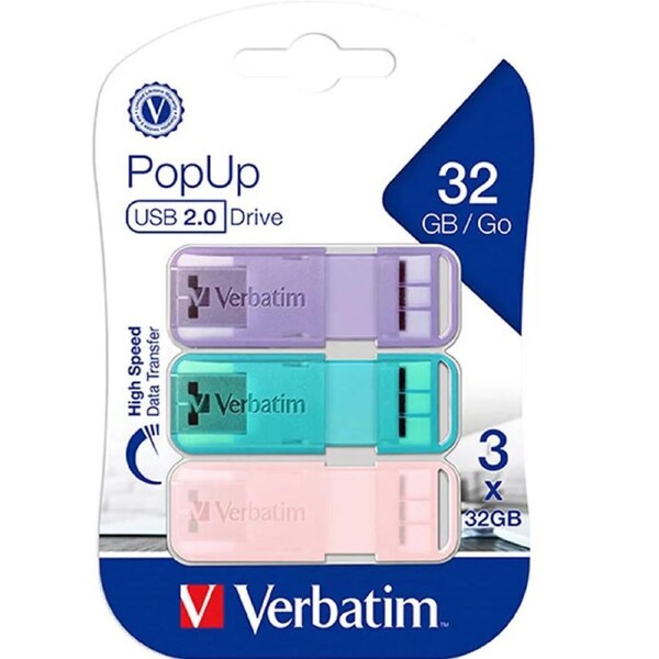 Verbatim Pop Up Slide USB Stick Drives 32gb Assorted Pastel Colours 3 Pack